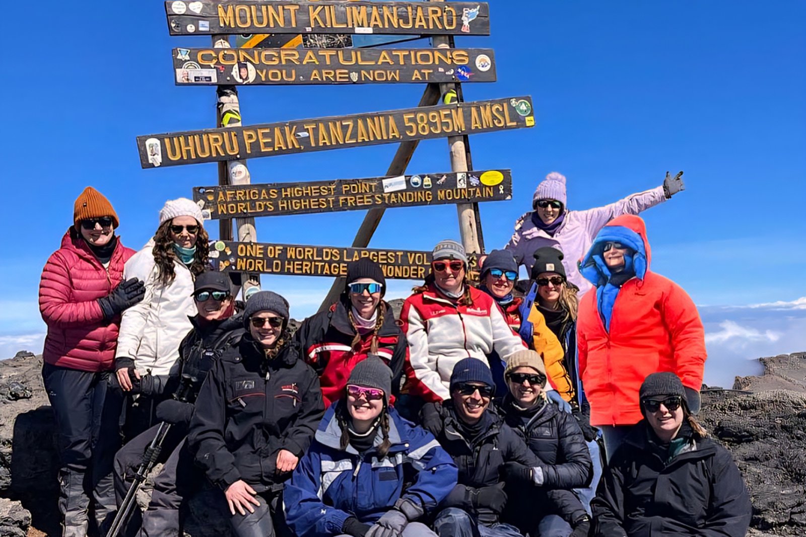 Climbers at Uhuru Peak on Mount Kilimanjaro